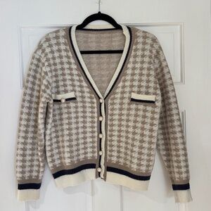 Beige, White & Navy Sweater with Pearl Buttons